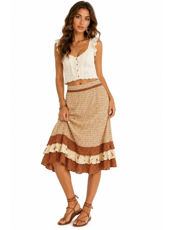 Maakif Dresses & Skirts - Vintage Moaakt Prairie Cottagecore Ruffle Midi Skirt Brown Cream Women's L